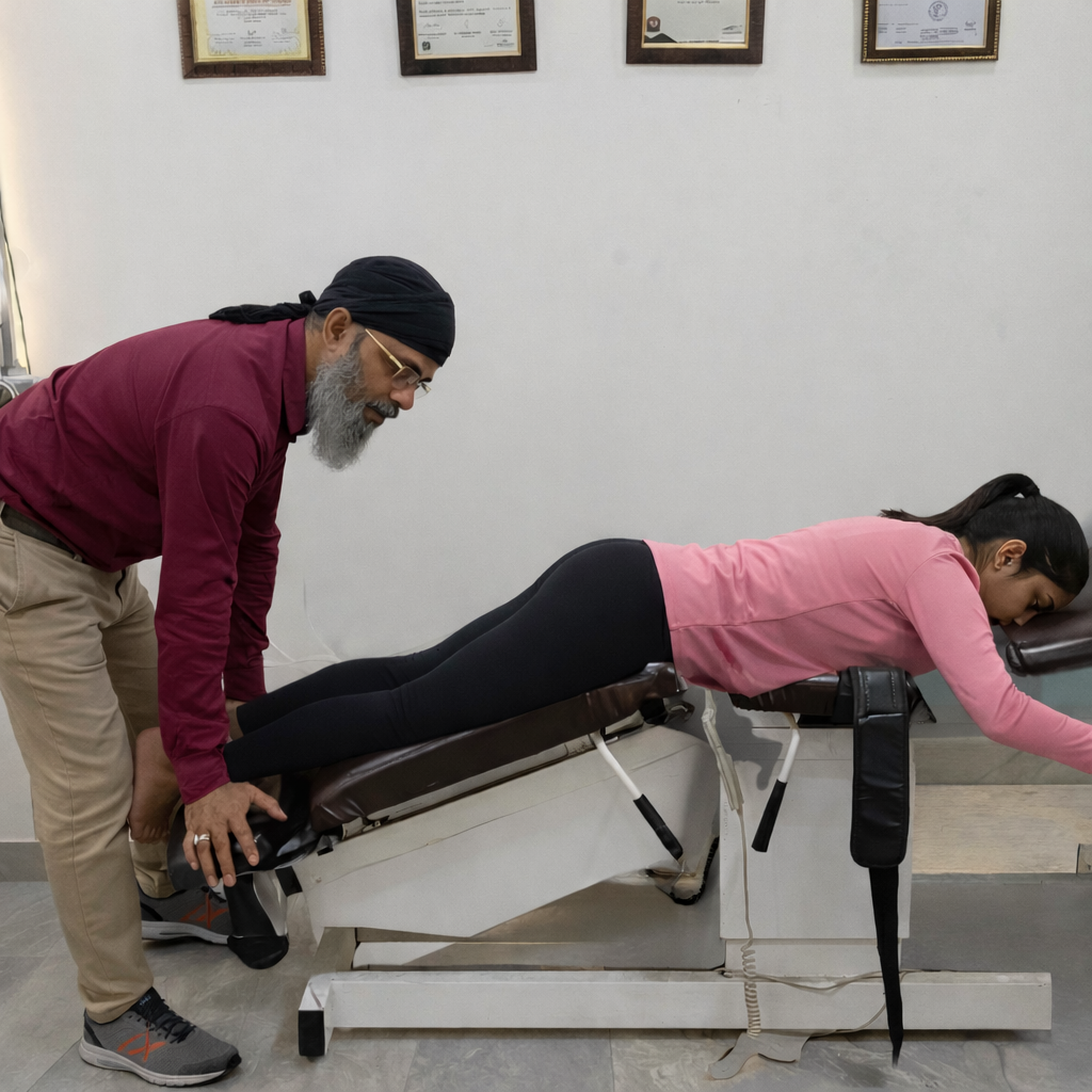 Spinal decompression therapy on specialized table for back pain treatment