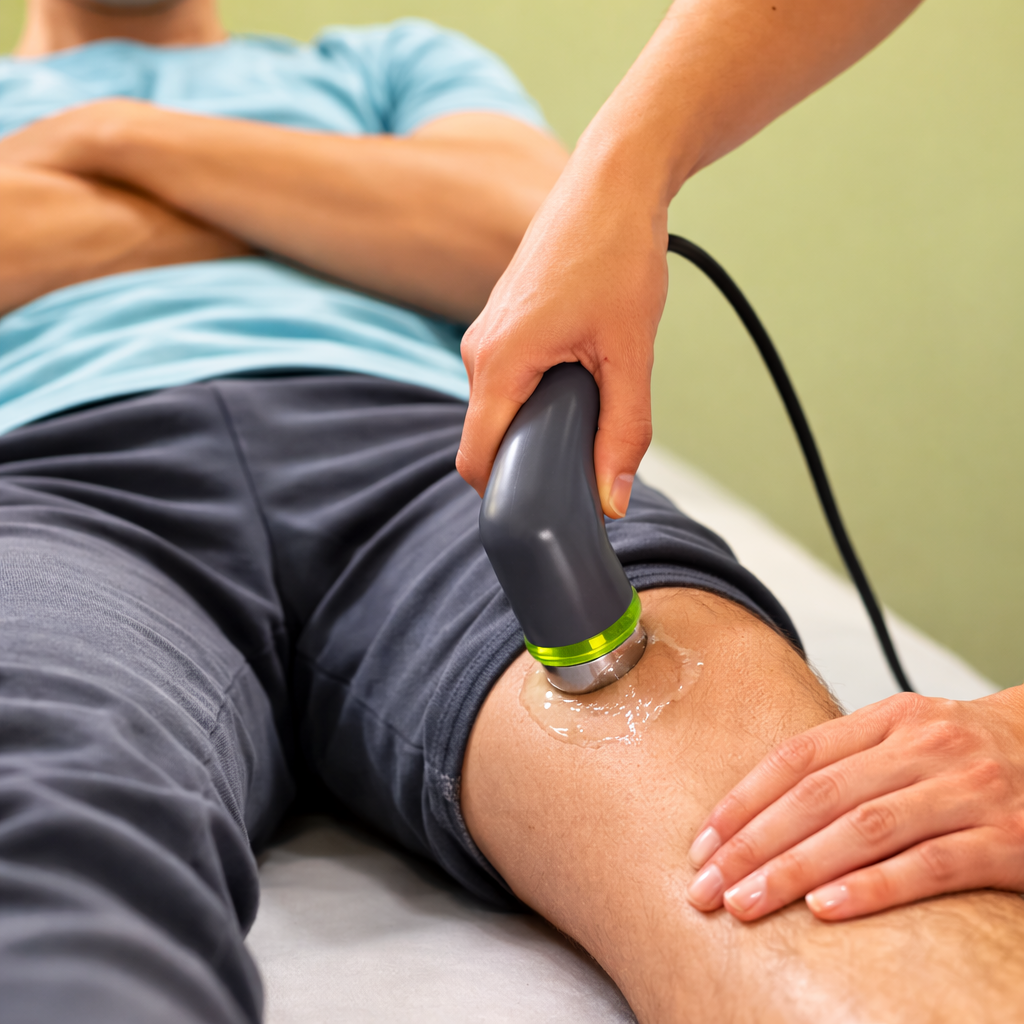 Physiotherapist performing ultrasound therapy on knee for pain relief