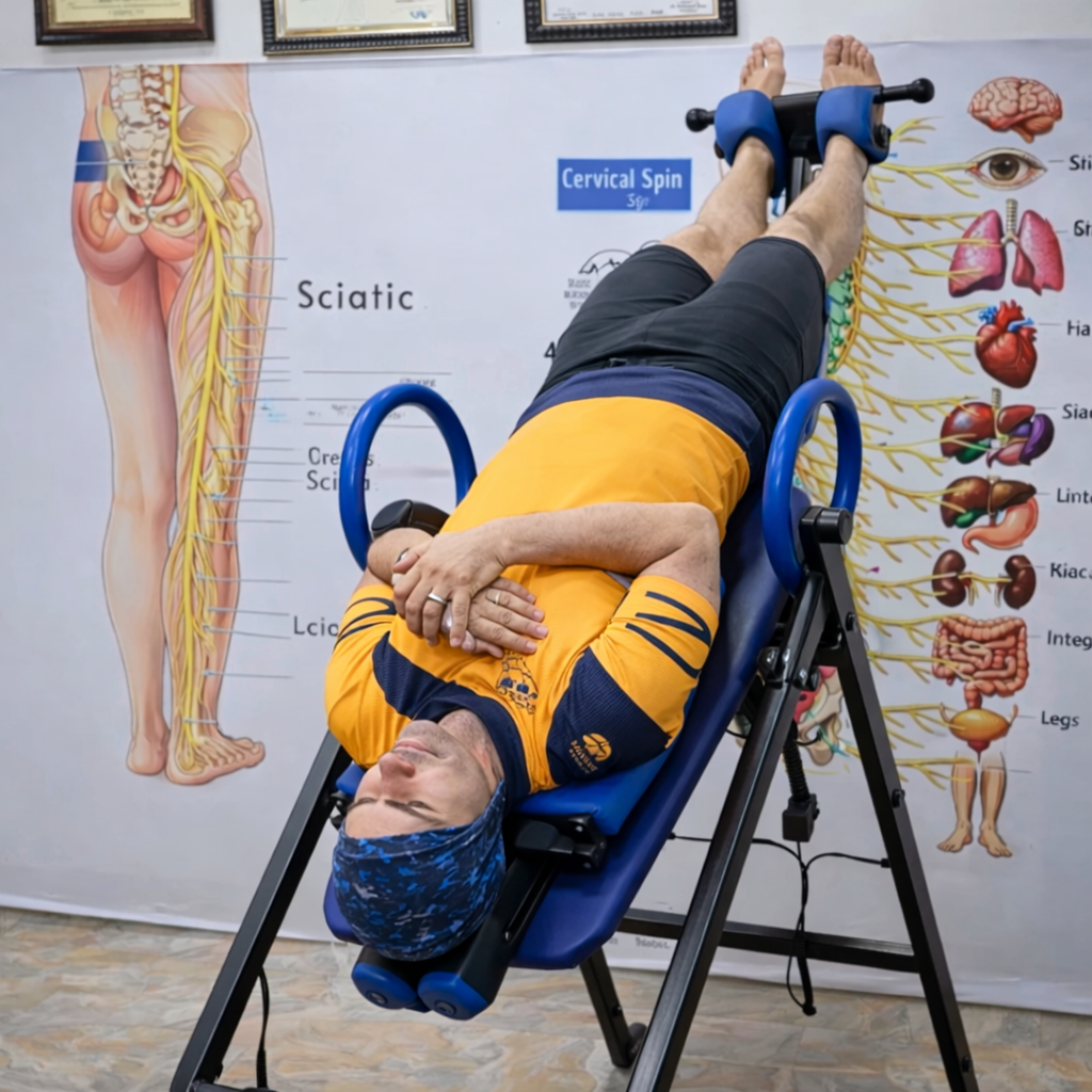 Inversion therapy using gravity traction table for spinal decompression
