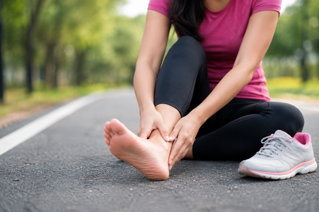 Woman suffering from plantar fasciitis holding her painful heel while sitting on a road after running.
