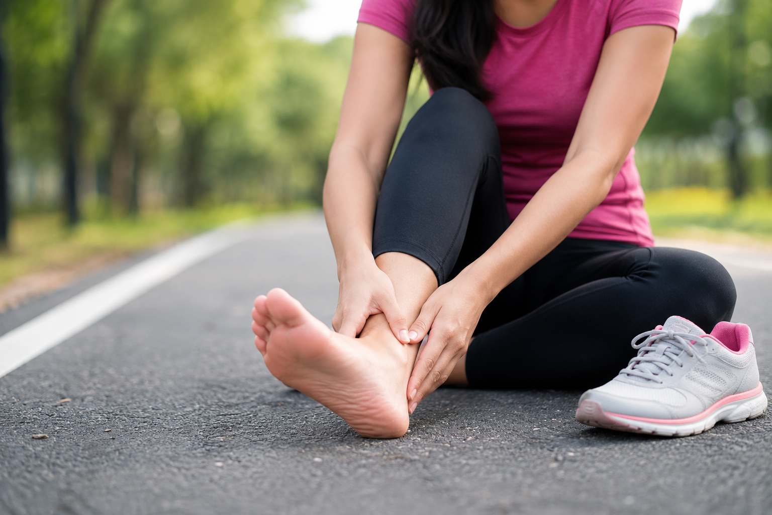 Woman suffering from plantar fasciitis holding her painful heel while sitting on a road after running.